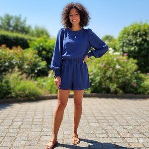 Womens Navy Blue Long Sleeve Romper Size S 100% Polyester Elastic Waist Pockets